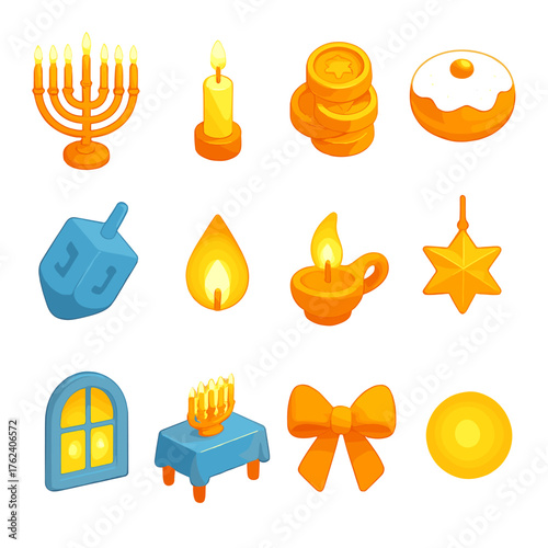 Hanukkah Celebration Warm Glow Style flat isometric set: glowing menorah, shining candle, gold coin stack, frosted donut, blue dreidel, flickering flame, oil lamp, star ornament,