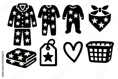 Christmas Pajamas Family Set silhouette set: matching adult pajamas, child onesie, baby sleeper, pet bandana, folded stack of clothes, gift tag label, heart doodle, laundry basket.