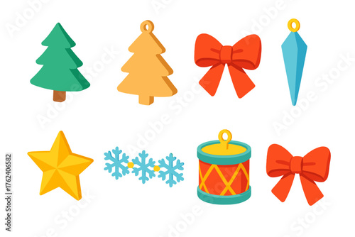 Christmas Tree flat isometric set: fir silhouette, wooden ornament, red bow, crystal icicle, gold star, snowflake chain, drum toy, gift ribbon.