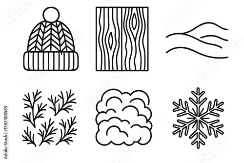 Winter Textures outline icon set: knitted hat, wooden grain, snow drift, frost pattern, soft wool, ice crystal.
