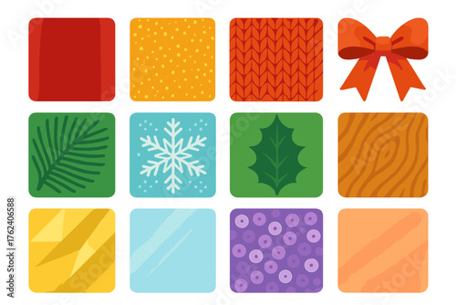 Festive Textures flat icons: velvet, glitter, knitted wool, satin ribbon, pine needles, snowflake lace, holly leaf, wood texture, metallic foil, glass reflection, sequin, soft