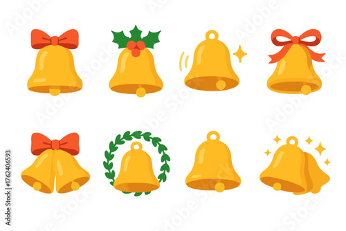 Christmas Bells Classic Chimes flat icons: golden bell with bow, holly sprig, ringing sound lines, ribbon swirl, star sparkle, bell cluster, wreath accent, festive glow.