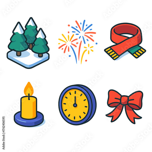 New Year Season flat isometric set: snowy forest, fireworks burst, scarf, glowing candle, midnight clock, festive ribbon.