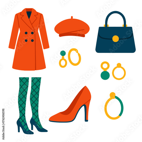 Chic Coldwear flat icons: tailored coat, beret, handbag, patterned tights, heels, jewelry.