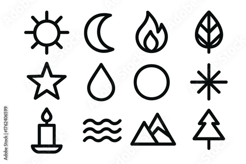 Winter Solstice Rituals Minimal Line Icons silhouette set: sun outline, moon, flame, leaf, star, droplet, circle, spark, candle, wave, mountain, tree.