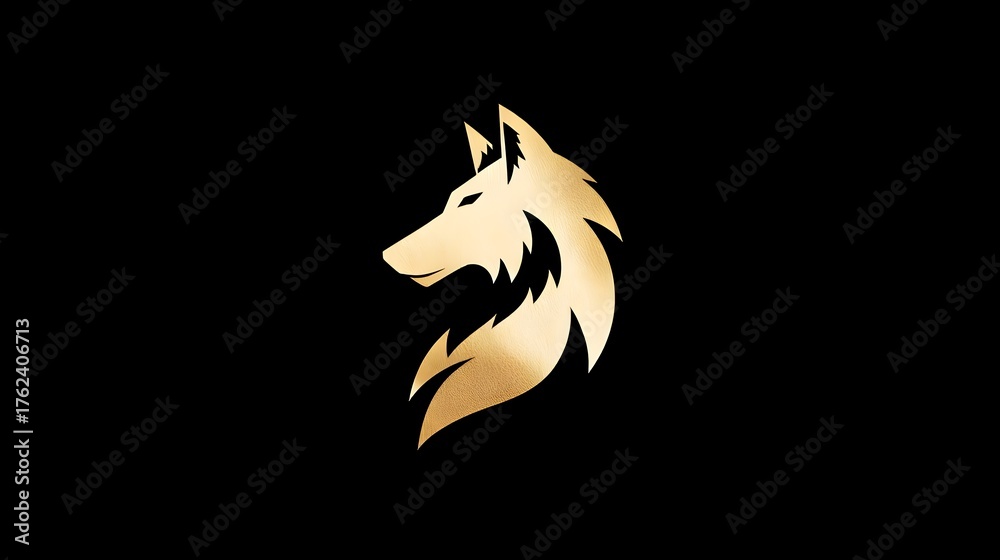 Fototapeta premium Minimalist gold wolf logo, powerful and elegant design on a clean background. Concept: Branding, luxury logo design, strength and leadership symbol, modern elegant aesthetics, premium brand identity.