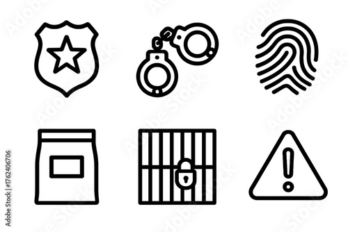 Criminal Justice outline icon set: police badge, handcuffs, fingerprint, evidence bag, prison gate, warning triangle.