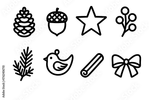 Nature-Inspired Christmas Tree Symbols outline icon set: pinecone, acorn, wooden star, berry cluster, evergreen sprig, bird ornament, cinnamon stick, rustic bow.