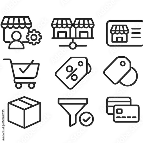 Multi-Vendor Stores outline icon set: seller management, marketplace icon, vendor store card, sale label, cart checkout, shipping package, product filter, payment gateway.