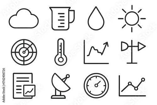 Meteorological Study outline icon set: cloud, measuring cup, rain drop, sun icon, radar screen, thermometer, storm chart, wind vane, data sheet, satellite dish, barometer, graph