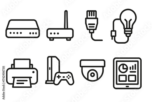 Home Setup outline icon set: modem, router antenna, ethernet plug, connected light bulb, printer, gaming console, security camera, tablet dashboard.