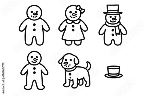 Snowman Costumes outline icon set: classic snowman suit, snowwoman dress, frosty hat and scarf, snowkid outfit, snowdog costume, mini snowman hat.