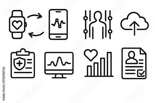 Digital Health Data outline icon set: wearable data sync, mobile health app chart, biometric data stream, cloud storage icon, encrypted patient info, data visualization dashboard,