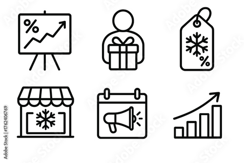 Winter Retail Strategy outline icon set: holiday sale chart, customer gift icon, snowflake discount tag, festive storefront, marketing calendar, sales growth arrow.