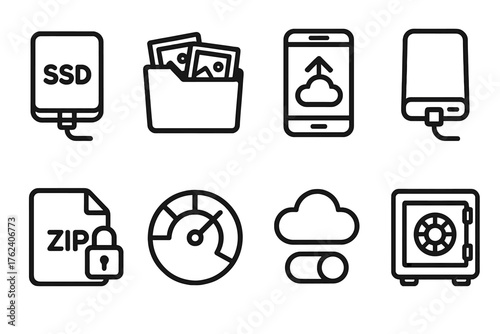 Personal Storage Solutions outline icon set: portable SSD icon, photo archive folder, mobile backup app, external USB drive, password-protected zip file, memory usage gauge, cloud