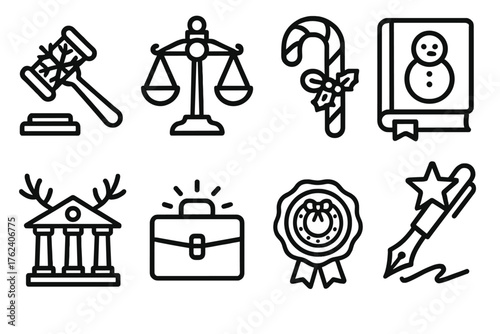 Festive Legal Services outline icon set: snowflake gavel, ornament scales, candy cane contract, frosty law book, reindeer courthouse, glowing briefcase, holiday seal, star