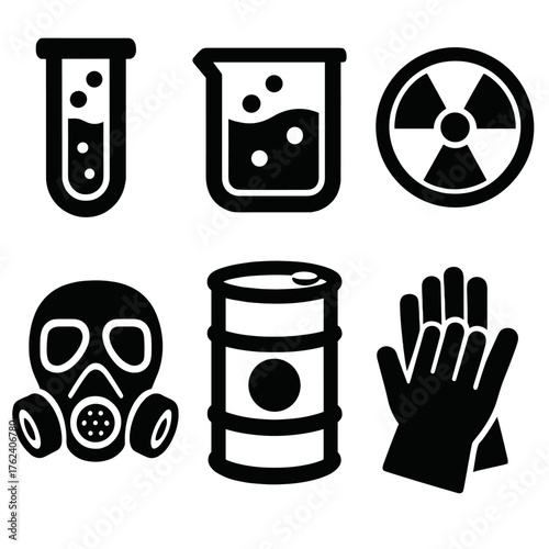 Chemical hazard silhouette set: test tube, beaker, barrel, radioactive sign, mask, gloves.