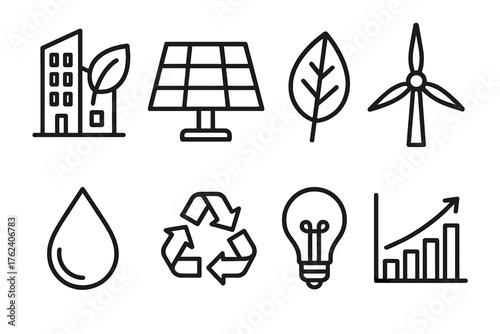 Sustainable Development outline icon set: eco building, solar panel, green leaf, wind turbine, water droplet, recycling symbol, light bulb, energy chart.