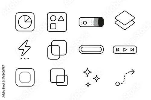 Creative UI Components outline icon set: color picker, shape selector, gradient slider, layered card, floating icon, glassmorphism panel, neon button, animation control, blur