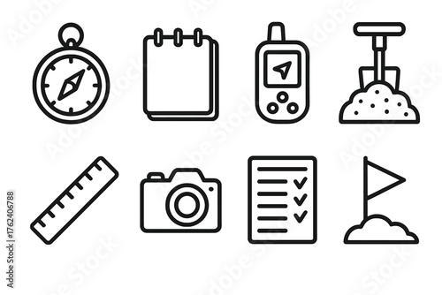Field Studies outline icon set: compass, notebook, GPS device, soil sample, measuring tool, photo camera, data sheet, field marker.