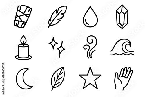 Energy Cleansing outline icon set: sage bundle, feather, water droplet, crystal, candle, sparkle, smoke swirl, wave, moon, leaf, star, hand.