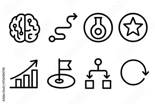 Machine Learning Dynamics outline icon set: brain circuit, action path, trial icon, success star, data arrow, goal checkpoint, agent decision node, loop indicator.