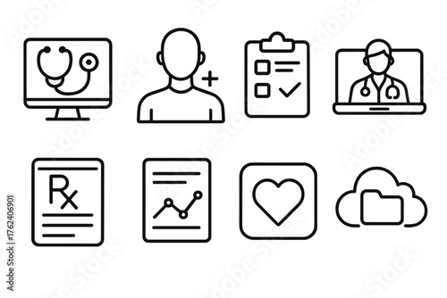 Digital Clinics outline icon set: online health center, AI assistant doctor, patient form, video checkup, e-prescription icon, test results chart, health app logo, cloud storage.