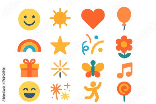 Joy flat icons: smiling face, sun, heart, balloon, rainbow, star, confetti, flower, gift box, sparkler, butterfly, music note, laughing face, fireworks, dancing figure, lollipop.