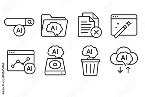AI Cloud Storage outline icon set: smart search bar, auto-organized folder, duplicate file detector, predictive suggestion tool, data insight graph, adaptive storage management, AI