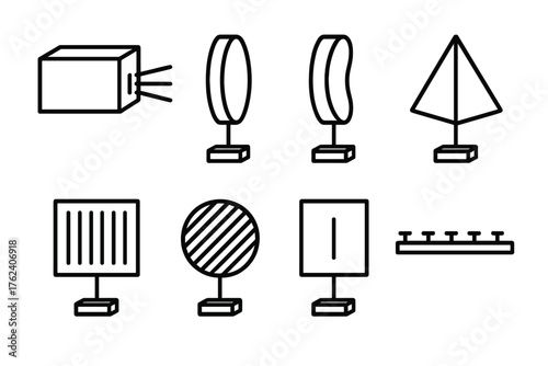 Optics Bench outline icon set: ray box, convex lens, concave lens, prism, diffraction grating, polarizing filter, slit aperture, optical bench rail.