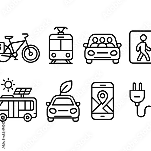 Green Mobility outline icon set: e-bike, tram, carpool icon, pedestrian sign, solar bus, hybrid car, transport app, charging plug.
