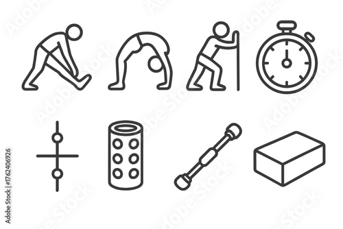 Stretching Routine outline icon set: hamstring stretch, backbend pose, calf stretch, warm-up timer, alignment chart, foam roller, flexibility bar, yoga block.