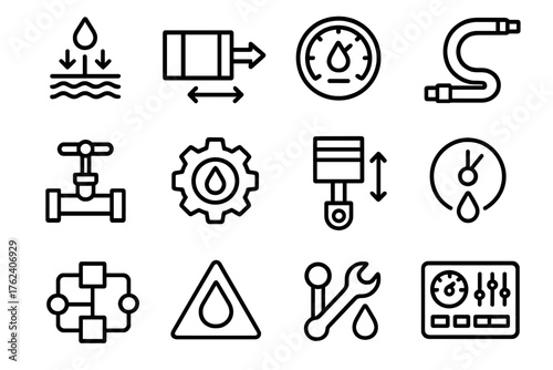 Hydraulics UI outline icon set: fluid pressure icon, piston animation, gauge with droplet, hydraulic hose symbol, valve toggle, hydraulic settings gear, cylinder motion arrows,