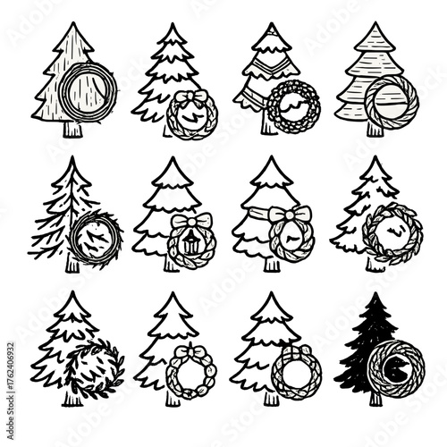 Rustic Tree and Wreath Pairings outline icon set: wood-trimmed tree with grapevine wreath, pine tree with burlap wreath, flannel-decorated tree with pinecone wreath, cabin-style