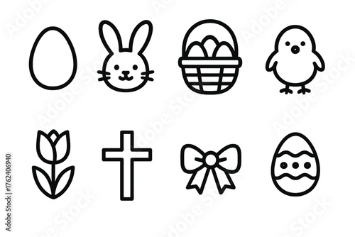 Easter App Elements outline icon set: Easter egg icon, bunny icon, basket icon, chick icon, tulip icon, cross icon, ribbon icon, decorated egg icon.
