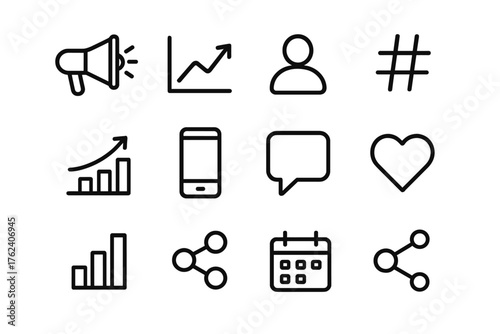 Audience Growth outline icon set: megaphone, chart line, user avatar, hashtag, graph arrow, mobile phone, chat bubble, heart icon, bar chart, share arrow, calendar, network symbol.