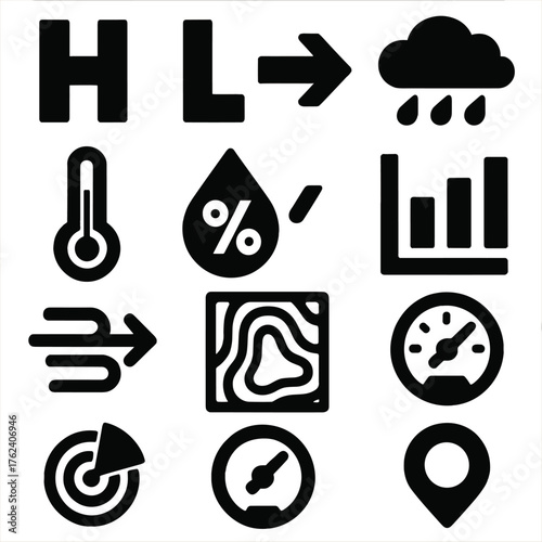 Weather Pressure Patterns silhouette set: high pressure H, low pressure L, wind arrow, rain cloud, thermometer, humidity icon, contour map, bar chart, air movement, radar sweep,