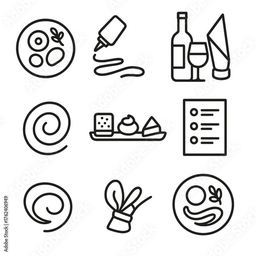 Fine Dining Experience outline icon set: tasting plate, sauce drizzle, wine pairing, elegant napkin, flavor swirl, dessert sampler, course list, artistic presentation.