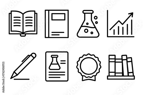 Academic Journals outline icon set: thesis book, report cover, chemistry flask, graph chart, pen icon, lab document, publication badge, library shelf.