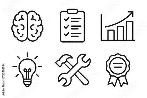 Skill Development outline icon set: brain icon, checklist, growth chart, lightbulb idea, practice tool, certificate badge.