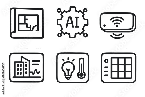 Smart Architecture set of icons in doodle hand-drawn vector style: blueprint icon, AI gear, smart sensor, building dashboard, lighting control, data grid.