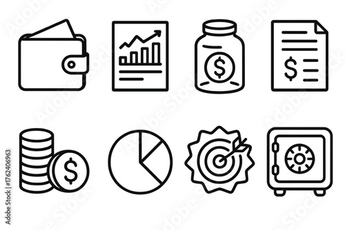 Personal Finance outline icon set: wallet icon, expense tracker chart, savings jar, income statement document, coin stack, budget pie graph, financial goal badge, secure vault