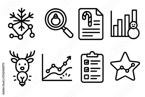 Festive Market Research outline icon set: snowflake chart, ornament magnifier, candy cane report, frosty bar graph, reindeer insight bulb, glowing trend line, holiday survey form,