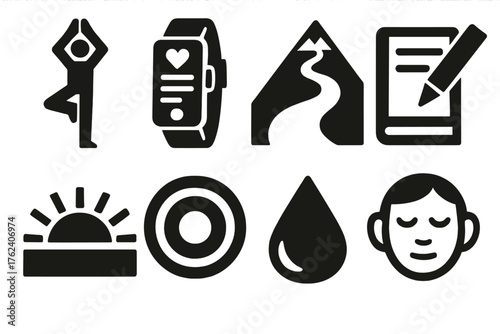 Wellness Journeys silhouette set: balance pose, wellness tracker, mountain path, journal pen, sunrise view, mindfulness circle, water drop, calm expression.