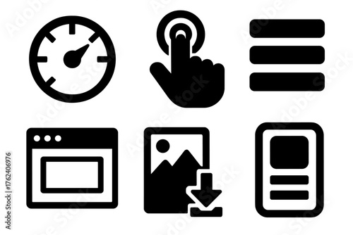 Mobile Optimization silhouette set: loading speed gauge, touch icon, simplified menu, responsive browser, compressed image, app preview.