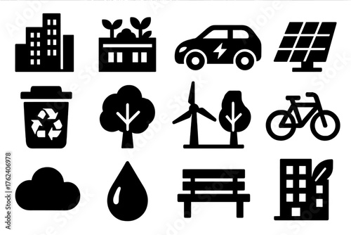 Urban Eco Systems silhouette set: city skyline, rooftop garden, electric car, solar panel, recycle bin, tree, wind turbine, bike, cloud, water droplet, park bench, eco building.