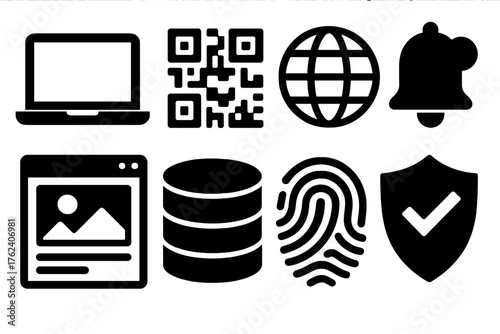 Digital Account silhouette set: laptop screen, QR code, network globe, notification bell, social media post, database cylinder, fingerprint scan, shield with check.