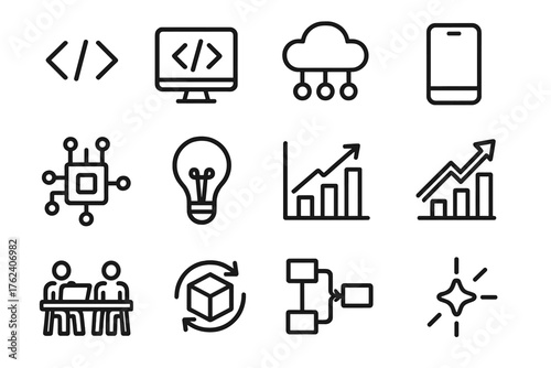 Tech Startup Culture outline icon set: code brackets, computer screen, cloud network, smartphone, circuit board, idea bulb, graph chart, growth arrow, coworking desk, prototype