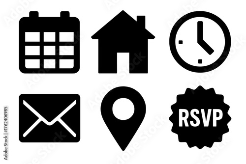 Event Invitation silhouette set: calendar icon, house symbol, clock, envelope, location pin, RSVP badge.
