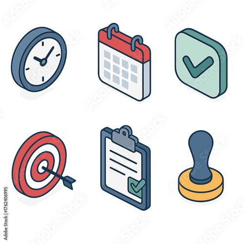 Reliability signs set icons in modern isometric flat vector style: clock, calendar, checkmark, clipboard, target, stamp.